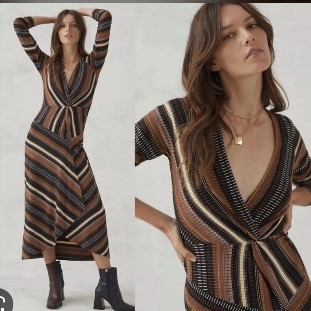 New Anthropologie‎ Maeve Striped Long Sleeve Wrap Midi Dress brown black geo